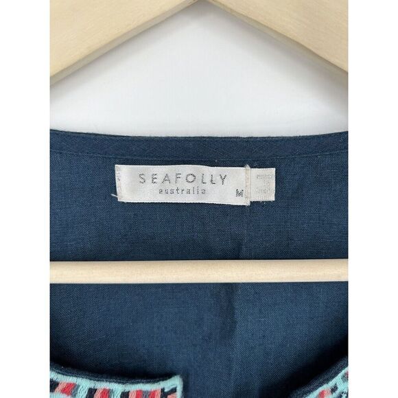 Seafolly Australia Blue Linen Embroidered Tassel Kaftan Cover Up Size Medium - Picture 2 of 6